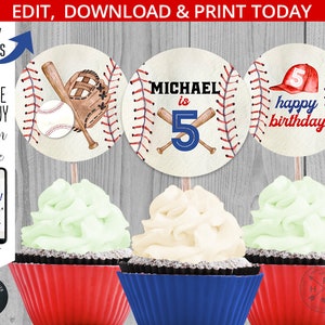 May include: Baseball themed cupcake toppers with a baseball, bat, glove, and a baseball with the text "MICHAEL is 5" and a baseball with the text "happy birthday".