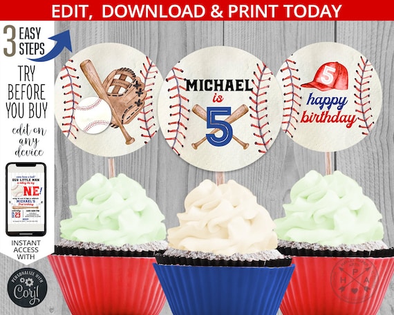 Baseball cupcake toppers rookie sports ball boy birthday round red navy blue 2x2 tags. Instant access to the template. 191HPA 20 A Il_570xn