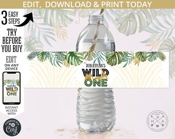 EDITABLE Jungle water bottle labels gold animals safari wild one greenery first boy elephant birthday. Online printable. 040HPA 12 F 201HPA