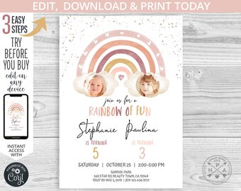 Rainbow birthday girl sisters boho joint party invitation muted dull desaturated earth colors girls bohemian. Editable printable. 184HPA 05