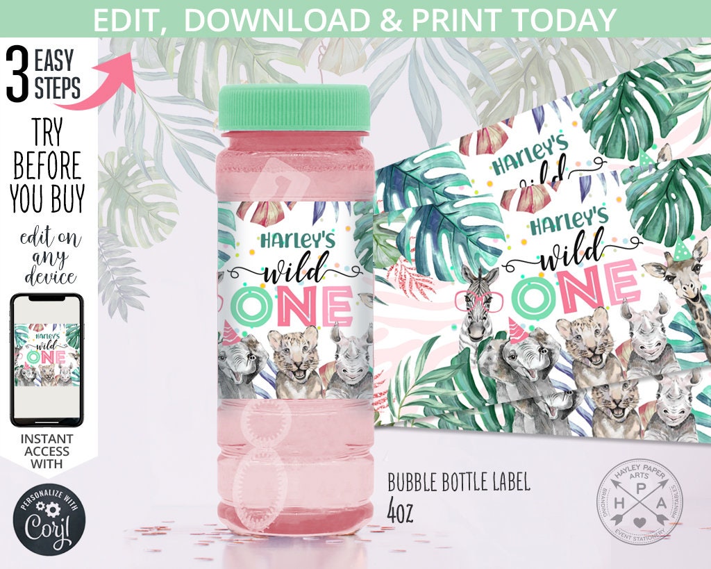 EDITABLE Safari bubble bottle labels girl animals jungle wild one pink greenery first birthday. Instant access to the template. 21HPA 21 A For Bubble Bottle Label Template EDITABLE Safari bubble bottle labels girl animals jungle wild one pink greenery first birthday. Instant access to the template. 21HPA 21 A For Bubble Bottle Label Template