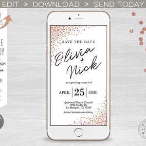 Op de afbeelding: Een digitale save-the-date-aankondiging met een roze gouden glitterachtergrond. De tekst luidt "Save the Date" met de namen "Olivia + Nick" en de datum "April 25, 2020". De locatie is vermeld als "Queen of Peace Church, 1224 Cedar Dr, La Marque, TX 77568". De tekst "formal invitation to follow" staat onderaan.