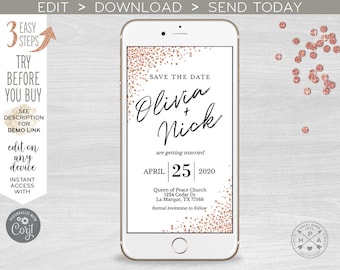 May include: A digital save the date announcement with a rose gold glitter background. The text reads "Save the Date" with the names "Olivia + Nick" and the date "April 25, 2020". The location is listed as "Queen of Peace Church, 1224 Cedar Dr, La Marque, TX 77568". The text "formal invitation to follow" is at the bottom.