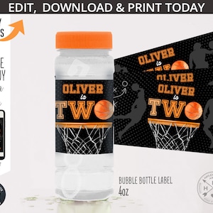 Basketball Bubble Flasche Etikett ZWEI zweiter Geburtstag Sport Spiele Junge Partybevorzugung Wrapper Ball alle Sterne. Bearbeitbar druckbar. 218HPA 11 G
