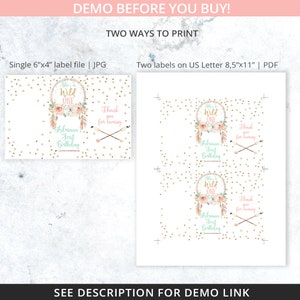 May include: Two printable designs for a first birthday party. The design features a dreamcatcher with feathers and flowers, gold glitter, and the text "She's a Wild One" and "Thank you for coming".