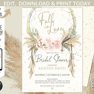 K&ouml;nnte beinhalten: Eine druckbare Einladung zu einer Brautparty im Boho-Stil. Die Einladung zeigt einen Traumf&auml;nger mit Federn, Blumen und dem Text "Fall in Love" und "Bridal Shower". Die Einladung enth&auml;lt auch den Namen der Braut, das Datum, die Uhrzeit und den Ort der Party.