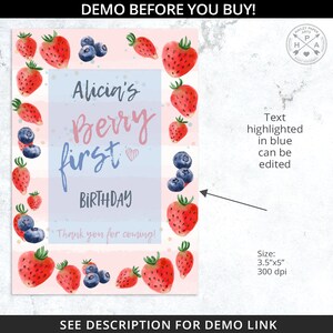May include: A pink and blue printable birthday card with a watercolour design of strawberries and blueberries. The text on the card reads "Alicia's Berry First Birthday".