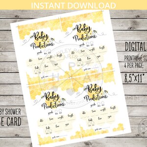 May include: Printable baby shower game card featuring a honeycomb pattern and the text "Baby Predictions". The card includes spaces for guests to predict the baby's gender, due date, weight, length, time, hair colour, eye colour, and name.