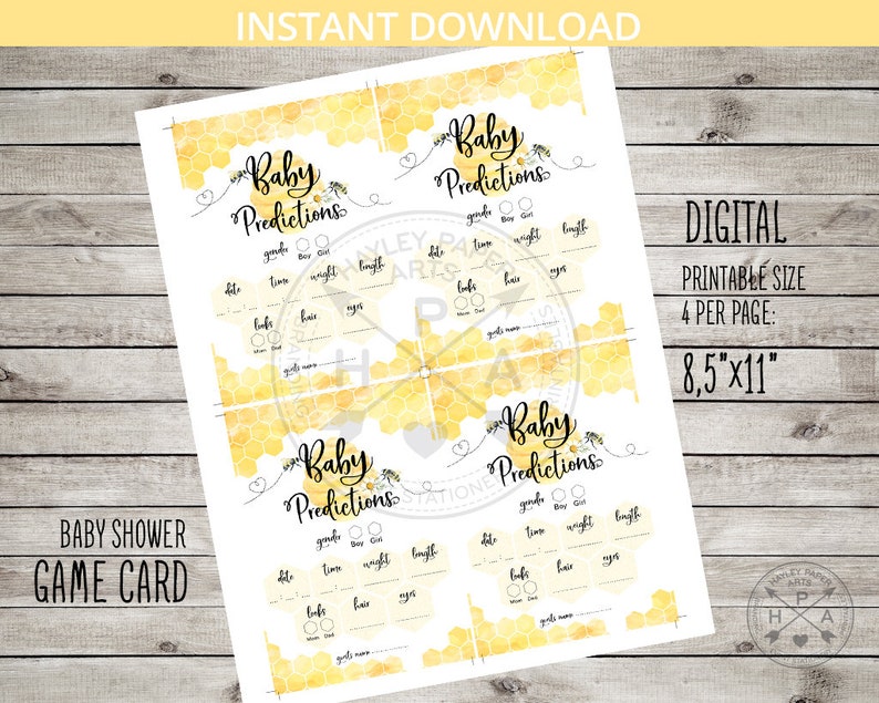 May include: Printable baby shower game card featuring a honeycomb pattern and the text "Baby Predictions". The card includes spaces for guests to predict the baby's gender, due date, weight, length, time, hair colour, eye colour, and name.
