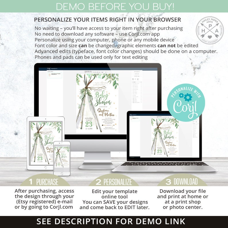 May include: A digital mockup of a baby shower invitation with a teepee, greenery, and gold stars. The invitation is customizable using Corjl.com. The text on the invitation reads "Baby Shower" and "Glykene and Matthew".