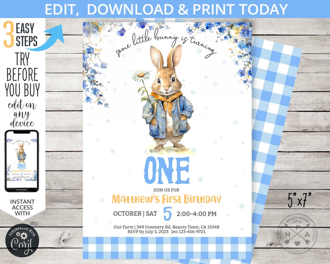 thumbnail image 2 of Personalised Peter Rabbit 1st Birthday Party Invitations – Set Of 10 With Envelopes 2 of 5