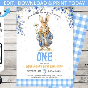 Little bunny birthday peter rabbit invitation boy ONE editable first 1st party invite. Selfeditable printable. 228HPA 02