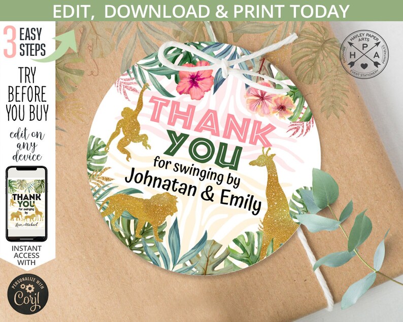 May include: Round thank you tag with a jungle theme. The tag is white with pink and green accents. It features a giraffe, monkey, and lion silhouettes. The text reads "Thank You for swinging by Johnatan & Emily".
