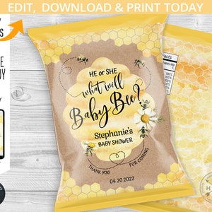 Bee chips bag, baby reveal shower, chip snacks treat bags favor wrapper, sweet honey bee, bumble bee party. Editable template. 049HPA 17 D2