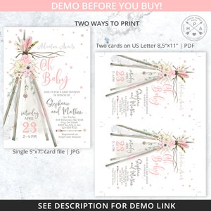 May include: A pink and white baby shower invitation with a teepee design. The invitation says "Adventure Awaits" and "Oh Baby" with the names "Stephanie and Mathew" and the date "Saturday, April 23".