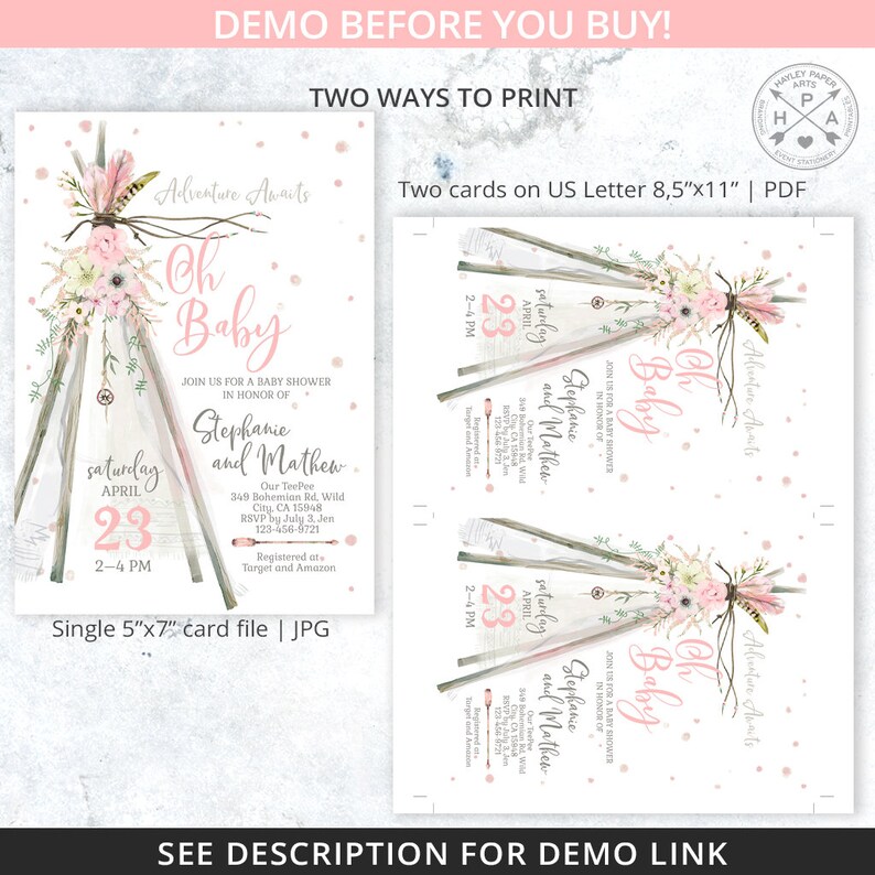 May include: A pink and white baby shower invitation with a teepee design. The invitation says "Adventure Awaits" and "Oh Baby" with the names "Stephanie and Mathew" and the date "Saturday, April 23".
