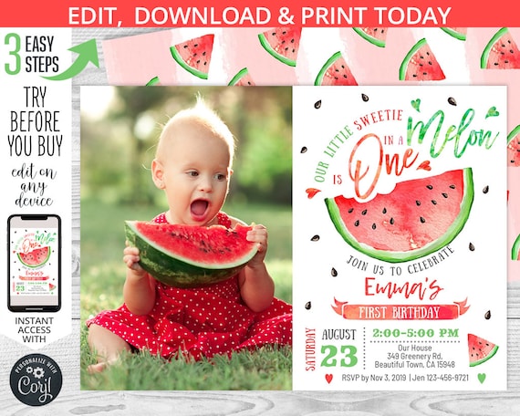 One in a melon birthday photo invitation watermelon red pink first 1st b-day girl party invite invitations. Editable template. 051HPA 04 Il_570xn