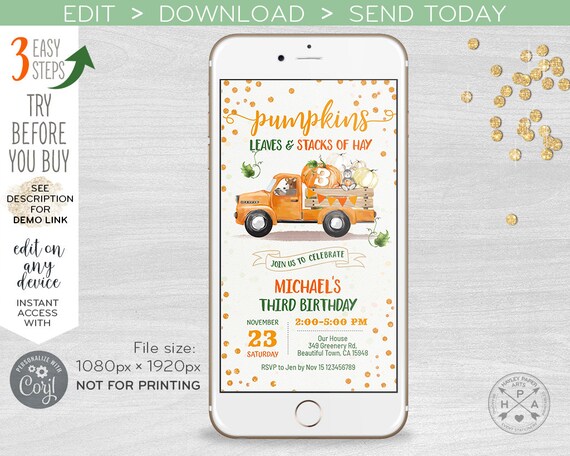Pumpkin truck electronic birthday fall invitation bunny orange green smartphone e-vite, digital invite. Editable template. E134 02 134HPA Il_570xn