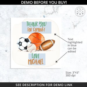 Op de afbeelding: Een bedankkaart met een aquarel-illustratie van een basketbal, voetbal, voetbal en honkbal. De tekst "Thank You For Coming!" is in blauw en de tekst "Love, Michael" is in groen. De kaart is 7,6 cm bij 7,6 cm en heeft een resolutie van 300 dpi.