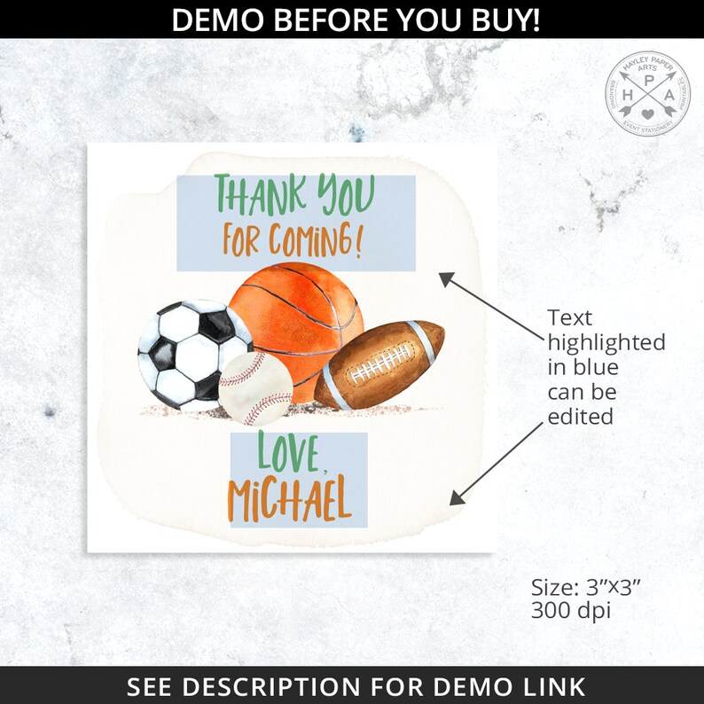 Op de afbeelding: Een bedankkaart met een aquarel-illustratie van een basketbal, voetbal, voetbal en honkbal. De tekst "Thank You For Coming!" is in blauw en de tekst "Love, Michael" is in groen. De kaart is 7,6 cm bij 7,6 cm en heeft een resolutie van 300 dpi.