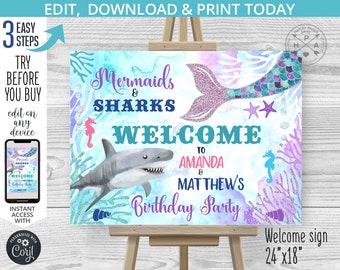 Op de afbeelding: Een aquarel-stijl welkomstbord voor een verjaardagsfeest met een zeemeermin en een haai. Het bord zegt "Mermaids & Sharks Welcome to Amanda & Matthew's Birthday Party". Het bord is 24 inch bij 18 inch.