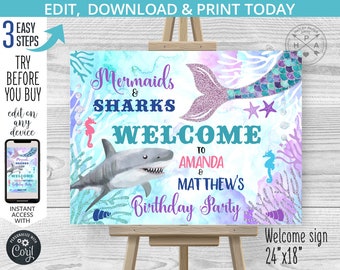 Mermaids and sharks welcome sign any age birthday. Under the sea party poster siblings boy girl sibling twins. Editable template. 062HPA 25