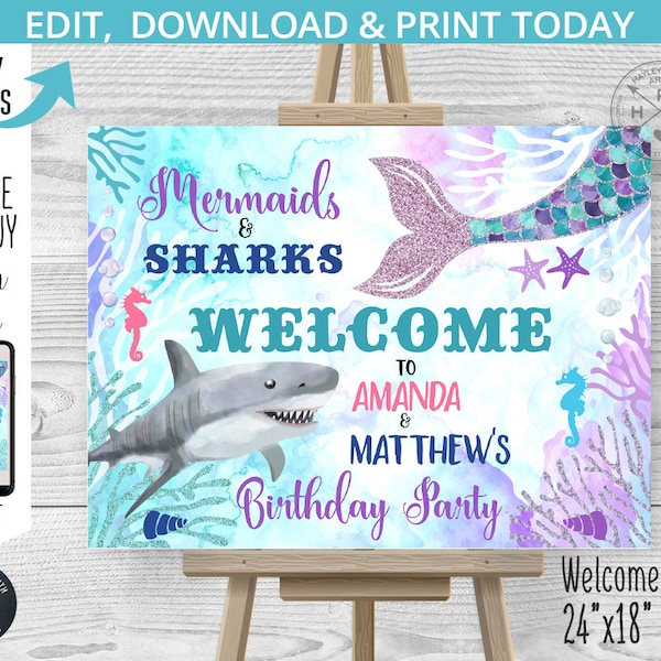 Mermaids and sharks welcome sign any age birthday. Under the sea party poster siblings boy girl sibling twins. Editable template. 062HPA 25