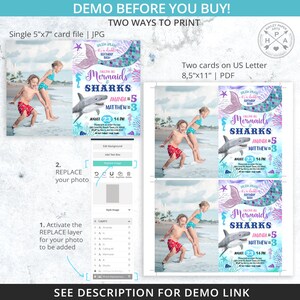 Może przedstawiać: Drukowane zaproszenie na przyjęcie urodzinowe w stylu syrenki i rekina. Zaproszenie zawiera syreny ogon, rekina i tekst "Calling all Mermaids & Sharks". Zaproszenie jest przeznaczone dla 5-letniej dziewczynki i 3-letniego chłopca. Zaproszenie jest dostępne w dw&oacute;ch rozmiarach: 12,7x17,8 cm i 21,6x27,9 cm.
