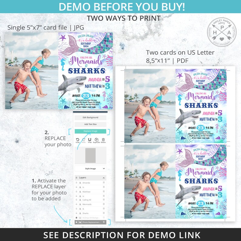 Może przedstawiać: Drukowane zaproszenie na przyjęcie urodzinowe w stylu syrenki i rekina. Zaproszenie zawiera syreny ogon, rekina i tekst "Calling all Mermaids & Sharks". Zaproszenie jest przeznaczone dla 5-letniej dziewczynki i 3-letniego chłopca. Zaproszenie jest dostępne w dw&oacute;ch rozmiarach: 12,7x17,8 cm i 21,6x27,9 cm.