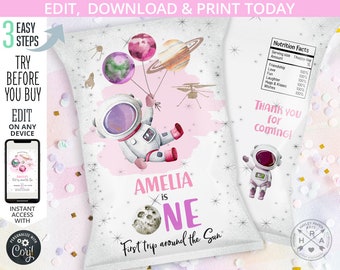Space astronaut chips bag, chip wrapper, girl ONE outer space, galaxy, trip around the sun, moon first party editable printable. 154HPA 17 B
