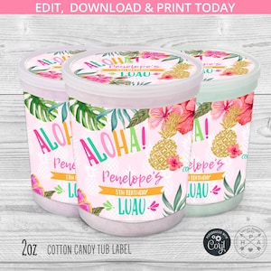 Étiquette de bar à barbe à papa luau ananas Aloha, récipient en plastique, étiquettes de célébration d'anniversaire tropicales, fête de tout âge. Modifiable. 187HPA 26 A