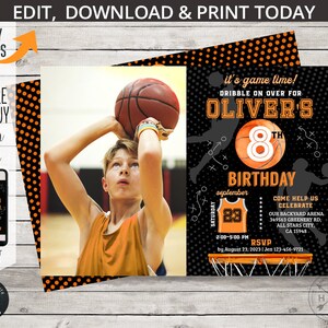 Invitation d'anniversaire pour sports de basket-ball à tout âge, toutes les étoiles sont invitées à une fête d'activités avec des jeux de ballon. Modèle de carte modifiable. 218HPA 16