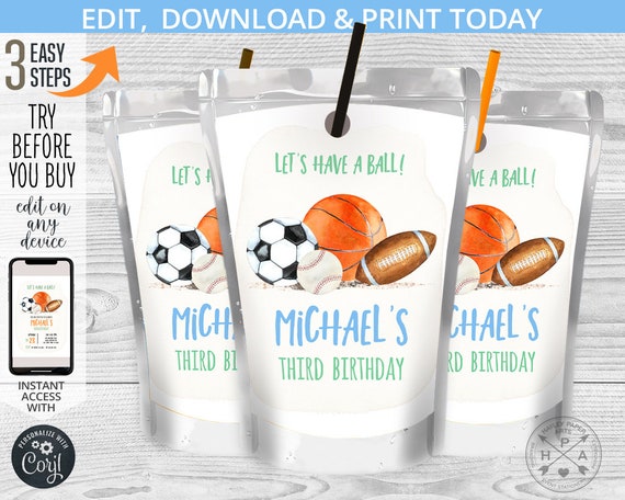 Let's have a ball juice bag label, balls juice pouch, any age birthday rookie sport games party favor. Editable printable. 204HPA 31 C Il_570xn