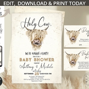 Invitation à une fête de naissance avec une vache sacrée, ferme boho ranch de vaches des Highlands. Lot de cartes de demande de livre pour le tirage de couches. Imprimable modifiable. 210 HPA 99