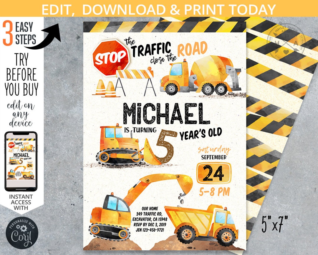 Construction Birthday Invitation, Truck Traffic Road Yellow Black