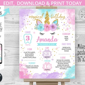 EDITABLE Unicorn milestone stats 1st magical first birthday board. One poster sign purple pink aqua chalkboard editable template. 046HPA 08