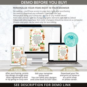 May include: A digital product mockup showcasing a customizable "Hello from your Elf" letter template. The image displays the template on a desktop computer, laptop, tablet, and smartphone. The text reads "Demo Before You Buy!" and "Personalize with Corjl."