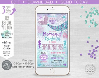May include: A digital invitation for a mermaid-themed birthday party. The invitation features a mermaid tail with purple and blue scales, a seahorse, and the text "Splish Splash it's a Birthday Bash, Our Little Mermaid Isabella is turning Five". The invitation also includes the date, time, and location of the party.