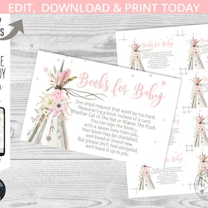 TeePee Buch Wunschkarteneinlage Baby Shower T-Shirt Natursekt Party Boho Wild Girl Books Boho Traumfänger. Sofort bearbeitbare Vorlage. 106HPA B