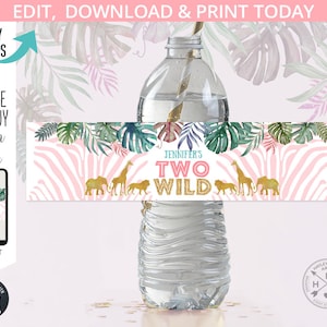A garrafa de água da selva rotula dois animais de ouro de menta rosa selvagem safari verde segundo segundo aniversário de menina. Modelo online editável. 041HPA 12 D
