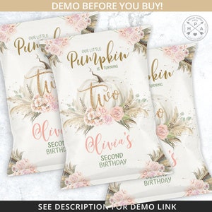 Pumpkin pampas grass chips bag, snacks treat bags, chip pouch, wrapper, second or any age beige birthday party editable template 171HPA 30 E image 4