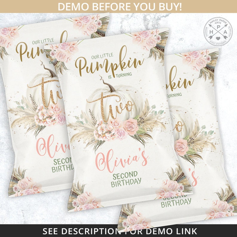 Pumpkin pampas grass chips bag, snacks treat bags, chip pouch, wrapper, second or any age beige birthday party editable template 171HPA 30 E image 4