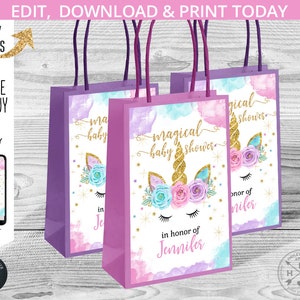 Eenhoorn papieren zak cadeau kleine etiketten. Paarsroze magische babyshower bedankje meeneem. Directe toegang tot bewerkbare afdrukbare bestanden. 056 HPA 29 A