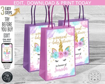 Einhorn Papiertütenanhänger mit kleinen Etiketten. Lila pinker zauberhafter Babypartygriff fürs Mitnehmen. Sofortiger Zugriff auf bearbeitbare Druckdateien. 056HPA 29 A