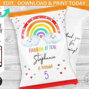 Peut inclure: Conception imprimable de sac de chips avec un arc-en-ciel, des nuages et le texte "Rainbow of Fun" avec un nom et un âge. Le design est parfait pour une fête d'anniversaire.