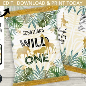 Jungle wild one chip bag, snacks treats bags, safari chip bag, chips pouch, favors, first birthday party editable template. 040HPA 30 A