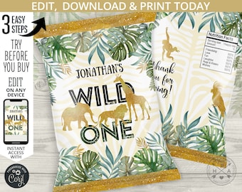 Jungle wild one chip bag, snacks treats bags, safari chip bag, chips pouch, favors, first birthday party editable template. 040HPA 30 A