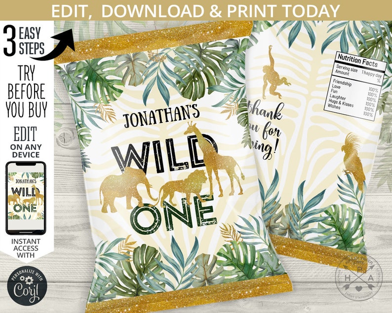 K&ouml;nnte beinhalten: Ein druckbares Chipst&uuml;ten-Design f&uuml;r eine erste Geburtstagsfeier. Die T&uuml;te hat ein Dschungel-Thema mit goldenen Glitzerakzenten, gr&uuml;nen Bl&auml;ttern und einem Zebra-Muster im Hintergrund. Der Text auf der T&uuml;te lautet "Jonathan's Wild One".