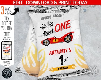 Car race fast one birthday chips bag 1st birthday, racing car first party, chip pouch party favor snacks. Editable printables. 197HPA 30 E