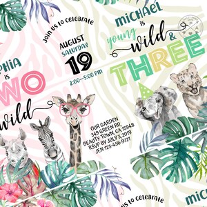 Op de afbeelding: Een jungle-thema verjaardagsuitnodiging voor een kind dat drie jaar wordt. De uitnodiging bevat een kleurrijke illustratie van een giraffe, zebra, neushoorn, olifant en leeuw. De tekst op de uitnodiging luidt "Michael is jong, wild & drie".